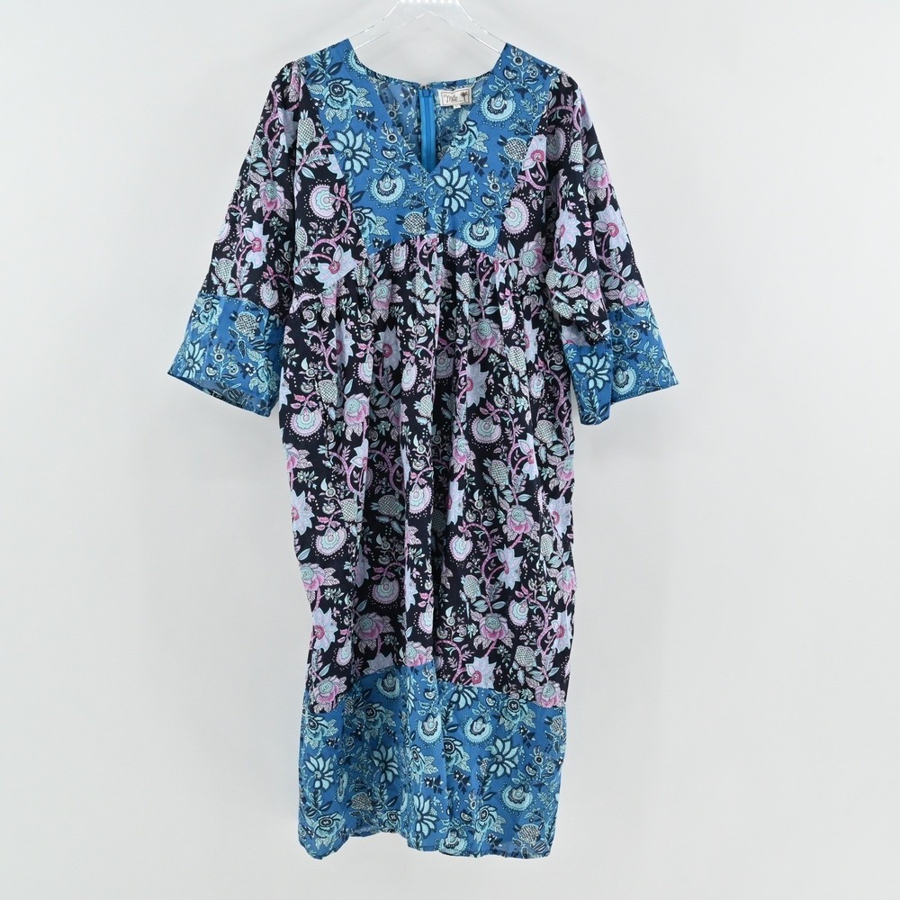Millie Resort Travel Floral Dress Size L Blue Paisley Bohemian Cotton India Boho - Picture 2 of 13